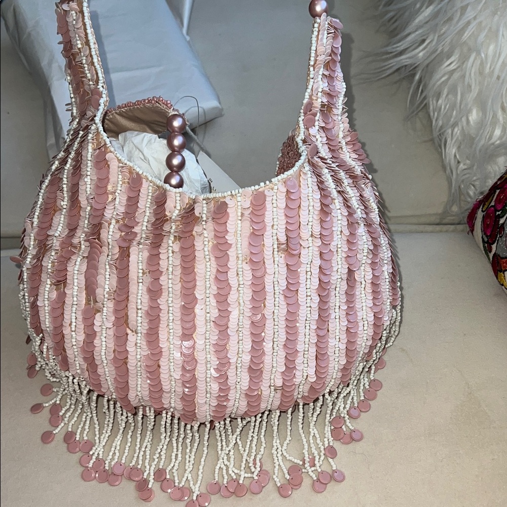 Elegant Beaded Tan Handbag - Picture 7 of 7